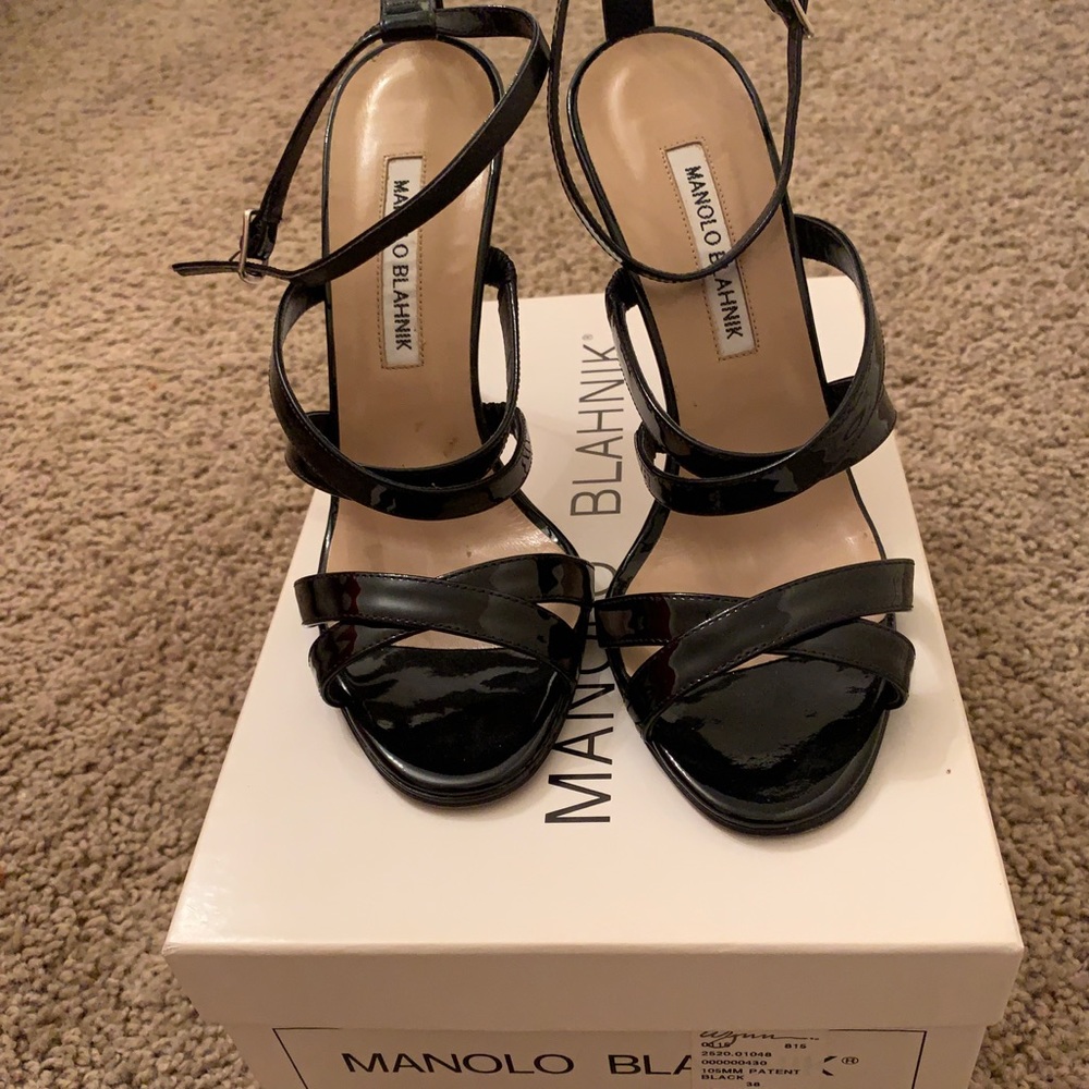 Manolo Blahnik Black Patent Eremito 38 Strap